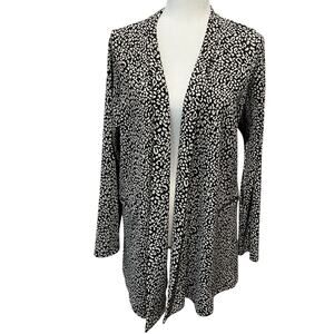 Sun Kim Open Front Cardigan Sz L Zipper Detail Stretch Made in USA Animal Print